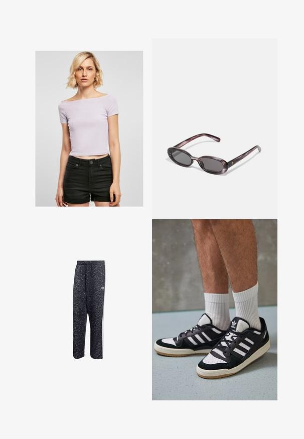 Világos lila bordázott crop top, váll nélküli kivágással, rövid ujjakkal, testhezálló fazonnal, magas derekú fekete sorttal párosítva.; Fekete sportnadrág leopárdmintával, fehér háromsávos dizájnnal és egy sportmárka logójával az oldalon.; Fekete-fehér tornacipők velúr és bőr felsőrésszel, három fehér csíkkal, perforált orral és gumi talppal.; Ovális napszemüveg márványos lila kerettel, sötét lencsékkel, és vékony karokkal, melyeken egy apró arany logó díszítés található.