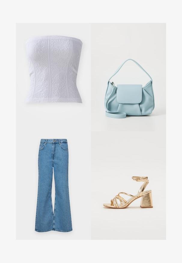 White strapless top with textured patterns, featuring ribbed detailing and floral designs, showcasing a fitted silhouette.; Light blue flared jeans made of denim, featuring a high waist, five pockets, and a single button closure. Soft texture with faded finish.; Gold metallic heeled sandals featuring a strappy design, square block heel, and adjustable ankle strap with a buckle. Smooth texture.; Light blue leather handbag with a top handle, front flap pocket, and detachable wrist strap on a white background.