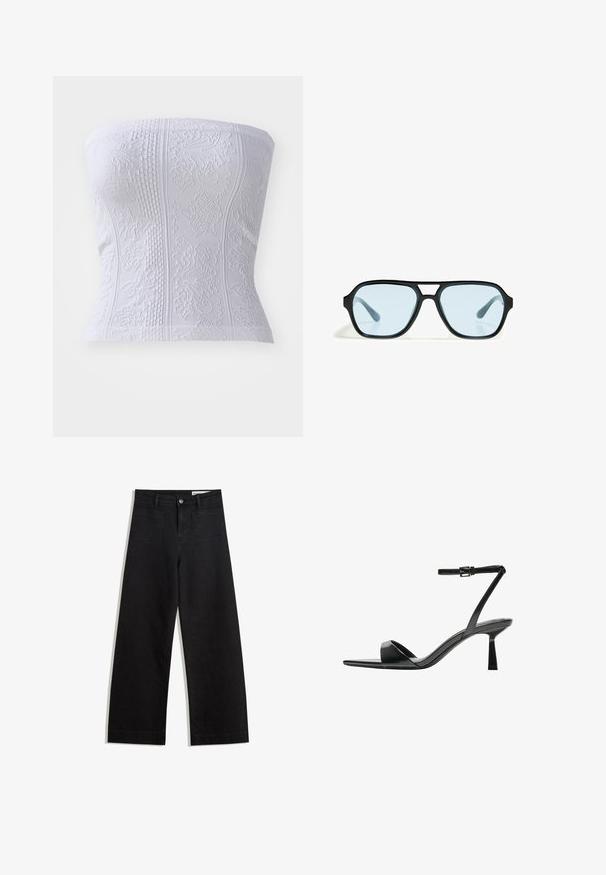 White strapless top with textured patterns, featuring ribbed detailing and floral designs, showcasing a fitted silhouette.; Black wide-leg denim pants with a high waist, featuring front and back pockets, stitched seams, and a button closure. Smooth texture.; Bershka High heeled sandals - black; Black sunglasses with rectangular frames, blue-tinted lenses, and a distinctive bridge design. Sleek finish, understated texture.; Bershka WITH CHAIN - Handbag - black