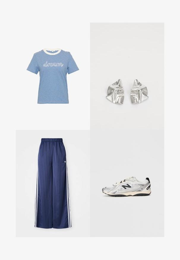 Niebiesko-biała w paski koszulka z krótkim rękawem, z białą ściągaczem u dekoltu i napisem "dream" w białym, ozdobnym druku z przodu.; Granatowe szerokie spodnie z pionowymi białymi paskami, elastycznym pasem i trzema białymi paskami po bokach, wykonane z lekkiego materiału.; Szare i białe buty sportowe z zaokrąglonym noskiem, wykonane z siateczki i materiałów syntetycznych, z czarnymi akcentami i teksturowaną gumową podeszwą.; Srebrne metalowe kolczyki o falistym, rzeźbiarskim wzorze z polerowanym wykończeniem i nieregularnymi kształtami, podkreślające nowoczesny estetykę.