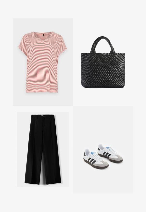 Red and white striped short-sleeve V-neck t-shirt with a relaxed fit and soft fabric. Stripes evenly spaced throughout the design.; Black wide-leg trousers made of lightweight fabric, featuring a front button closure and flat front, with neatly stitched hems.; Sport shoes with a white leather upper, gray suede toe, and three black stripes. Features a blue logo on the tongue and a textured rubber sole.; Black woven tote bag with two handles, featuring a textured surface and a rectangular shape. Simple, unique design with no visible hardware.