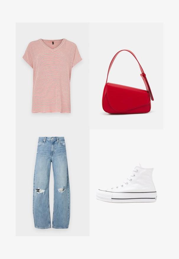 Piros és fehér csíkos, rövid ujjú V-nyakú póló, laza szabású és puha anyagból készült. A csíkok egyenletesen elosztva a dizájnban.; Világoskék, magas derekú farmernadrág. Széles lábakkal, két szakadt térddel és klasszikus öt zsebes dizájnnal rendelkezik.; Fehér magaskorsó vászon sportcipő fekete gumi talppal, elülső gumi orrnyereggel és hat fűzőlyukkal, letisztult, minimalista dizájnnal.; Piros bőr kézitáska szögletes, geometrikus kialakítással. Egy állítható pánttal és varrott részletekkel ellátott fedélzárral rendelkezik.