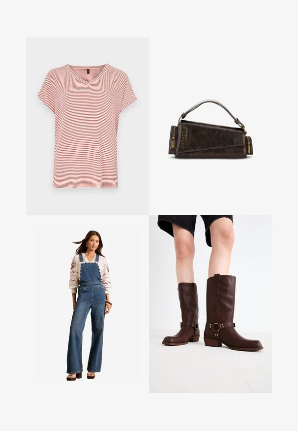 Punainen ja valkoinen raidallinen lyhythihainen V-kaula-aukkopaita, joka on rento malli ja pehmeää kangasta. Raidat ovat tasaisesti jakautuneet koko suunnittelussa.; Farkkutakin, jossa on aaltoileva muotoilu rintakappaleessa, levenevät lahkeet ja sivutaskut. Yhdistetty valkoiseen brodeeratun paitaan ja puisiin asusteisiin.; Marron nahka polven ylle ulottuvat saappaat, joissa on pyöreä kärki, teksturoitu pinta, nilkkahihna ja hopeiset yksityiskohdat; kasattu korko.; Ruskea nahkalaukku, jossa on geometrinen muotoilu, varustettuna yläkahvalla ja messinginvärisillä vetoketjuviyksillä. Logo on kohokuvioitu sivussa.