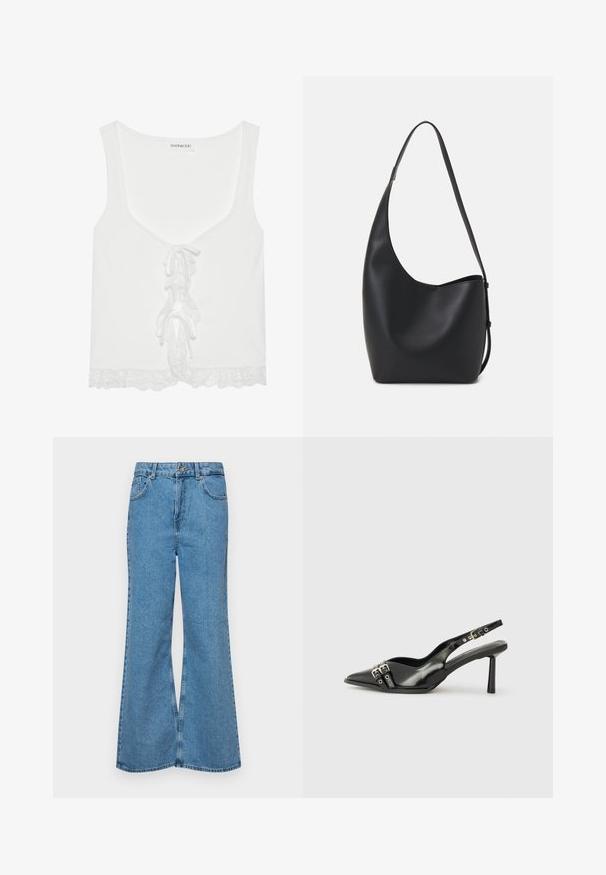 Wit geribbeld tanktop met een V-hals, vetersluiting aan de voorkant en verstelbare kant aan de onderkant. Gemaakt van zachte stof met een getailleerd ontwerp.; Lichtblauwe flared jeans van denim, met een hoge taille, vijf zakken en een enkele knoopsluiting. Zachte textuur met een vervaagde afwerking.; Zwarte gepolijste leren slingback schoenen met een puntige neus, enkelbandjes met zilveren gespen en hardware, en een slanke hak.; Zwarte leren hobo tas met een gladde textuur, kromme vorm en een enkele verstelbare schouderband; heeft een brede opening aan de bovenkant.