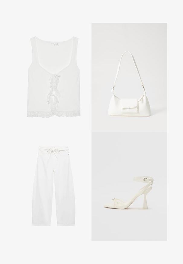 Weißes, geripptes Tanktop mit V-Ausschnitt, Schnürdetails an der Vorderseite und Spitzenbesatz am Saum. Hergestellt aus weichem Stoff mit figurbetonendem Design.; Weiße, weit geschnittene Hose aus leichtem Stoff, mit einem Kordelzugbund, zwei Fronttaschen und schlichten metallischen Details.; Sandaletten aus weißem Leder mit hohen Absätzen, schlankem Design, transparentem Blockabsatz und einem dekorativen Element an der Zehe.; Weiße synthetische Handtasche in dreieckiger Form, flache Vorderklappe und Schleifendetail, verstellbarer Trageriemen, glatte Textur und minimalistisches Design.