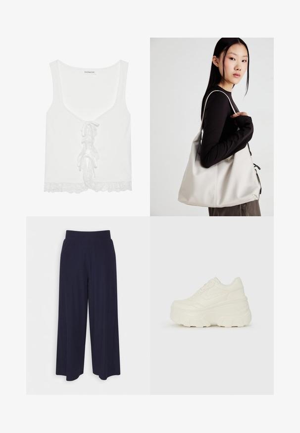 Weißes, geripptes Tanktop mit V-Ausschnitt, Schnürdetails an der Vorderseite und Spitzenbesatz am Saum. Hergestellt aus weichem Stoff mit figurbetonendem Design.; Weit geschnittene Hosen aus dunkelnavy Stoff mit strukturiertem Rippendesign. Merkmale sind ein glatter Hosenbund und eine luftige Silhouette, die bis zur Mitte der Wade reicht.; Weiße Platform Sneakers mit einem glatten, lederähnlichen Obermaterial, abgerundeter Form, gepolstertem Kragen und strukturierten Gummisohlen mit ausgeprägten Stollen.; Beige Handtasche aus weichem Material, mit einem lässigen Design, gesteppten Details und zwei Schulterriemen. Geeignet für den täglichen Gebrauch.