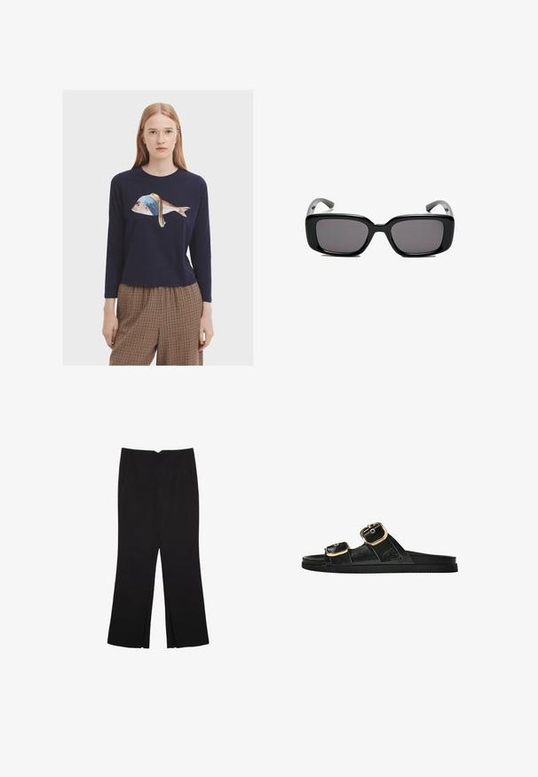 Námořnická košile s dlouhým rukávem, zdobená grafikou ryby s modro-žlutým potiskem. Měkká tkanina a uvolněný střih, v kombinaci s kostkovanými kalhotami.; Černé kalhoty s rovným střihem, s předními kapsami a bočními rozparky na lemu. Vyrobené z jemné, hladké tkaniny. Vhodné na různé příležitosti.; Černé kluzné sandály s dvěma zlatými sponami, hladkým texturovaným materiálem, plochou podrážkou a minimalistickým designem.; Černé obdélníkové sluneční brýle s tmavými skly, hladkým plastovým rámem a zakřivenými stranicemi. Design je robustní s minimalistickou estetikou.
