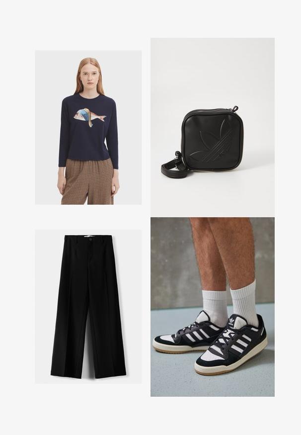 Marinblus med lång ärm som har en fiskgrafik med ett blått och gult pannband. Mjuk tyg och avslappnad passform, kombinerad med rutiga byxor.; Svarta vida byxor i lätt material, med knappstängning fram och platt front, samt väl sydda fållar.; Svartvita sneakers med ovandel i mocka och läder, med tre vita ränder, perforerad tå och sula av gummigummi.; Svart fyrkantig crossbody-väska i texturerat syntetmaterial. Har en präglad logodesign och justerbar rem. Dragkedjestängning.