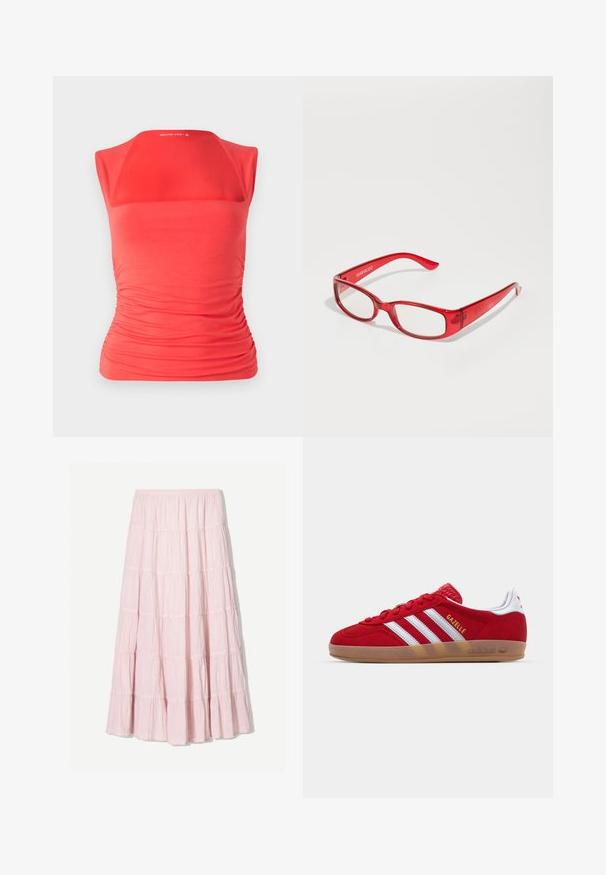 Piros ujjatlan felső, négyzet alakú nyakkivágással, oldalán ráncolt textúrával, rugalmas anyagból készült, amely kihangsúlyozza a test vonalát.; Világos rózsaszín, réteges maxi szoknya struktúrált, könnyű anyagból. Rugalmas derékrész és lebegő szegély fodros részletekkel.; Piros velúr sneaker fehér háromcsíkos dizájnnal és arany "Gazelle" felirattal. Gumi talppal és texturált sarokkal rendelkezik.; Piros műanyag szemüveg téglalap alakú kerettel, átlátszó lencsékkel és vékony karokkal. A "even&odd" márkaneve a szárra van gravírozva.; Piros fényes bőrtáska háromszögletű formával, széles felső nyílással és egyetlen ívelt fogantyúval. Sima felület, minimális varrási részletekkel.