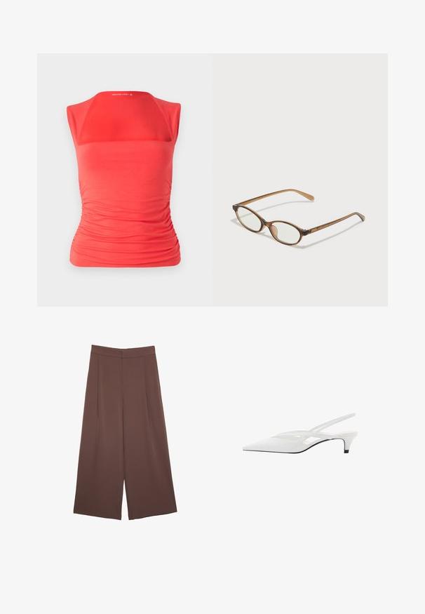Crvena bezrukavna majica s kvadratnim izrezom, s nabranom teksturom uz strane, izrađena od rastezljivog materijala za prilagođeni siluetu.; Smeđe hlače širokog kroja s glatkom teksturom, koje imaju visok struk i nabore sprijeda. Tkanina je lagana i slobodno se kreće.; Bijela slingback potpetica s oštrom punta, koja ima glatki gornji dio, suptilne izreze i nisku blok potpeticu. Crna potplata naglašava dizajn.; Smeđe skupe naočale s ovalnim lećama, tankim drškama i prozirnim akcentima. Ima suptilan logo na sljepoočnici. Elegantan, lagan dizajn.