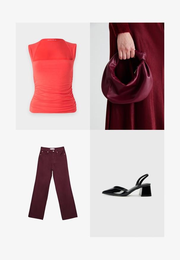 Rotes ärmelloses Oberteil mit quadratischem Ausschnitt, gerafftem Design an den Seiten, aus dehnbarem Stoff für eine figurbetonte Silhouette.; Burgunderfarbene hochtaillierte Jeans mit geradem Bein-Design, ausgestattet mit vorderen Taschen, einem Knopfverschluss und metallischen Akzenten in Kupferfarbe.; Schwarze Lackleder-Slingback-High Heels mit spitzem Schuh und einem geometrischen Blockabsatz. Verfügt über ein schlankes, minimalistisches Design und eine glatte Textur.; Burgunderleder-Handtasche mit einem weichen, gerafften Design und einer gerundeten Form. Der Griff ist gesichert und zeigt eine glatte Textur.