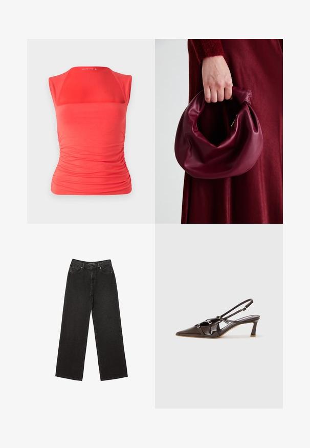 Crvena bezrukavna majica s kvadratnim izrezom, s nabranom teksturom uz strane, izrađena od rastezljivog materijala za prilagođeni siluetu.; Crne široke traperice izrađene od denima, s malim točkastim uzorcima, klasičnim dizajnom s pet džepova i zatvaranjem na gumbe i zatvarač.; Smeđe patent kožne slingback cipele s uskim vrhom, podesivim trakama i dekorativnim kopčama sprijeda. Visina potpetice od 3 inča.; Bordo kožni ruksač s mekim, naboranim dizajnom i zaobljenim oblikom. Ručka je sigurno pričvršćena, pokazujući glatku teksturu.