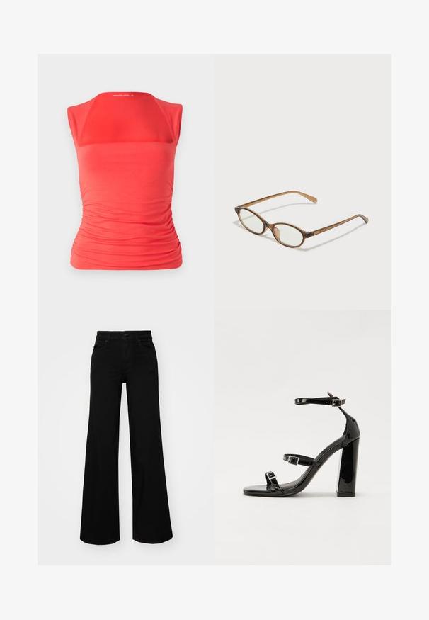 Top rojo sin mangas con escote cuadrado, textura fruncida a los lados, fabricado en tejido elástico para una silueta ajustada.; Pantalones de mezclilla de pierna ancha y color negro, con una cinturilla estructurada, pasadores para cinturón y bolsillos frontales. Textura suave con un diseño clásico.; Sandalias de tacón de charol negro con punta cuadrada, correas en el tobillo y hebillas plateadas. Presentan un tacón grueso para mayor estabilidad.; Gafas de carey marrón con lentes ovalados, patas delgadas y acentos transparentes. Presenta un sutil logo en la varilla. Diseño elegante y ligero.