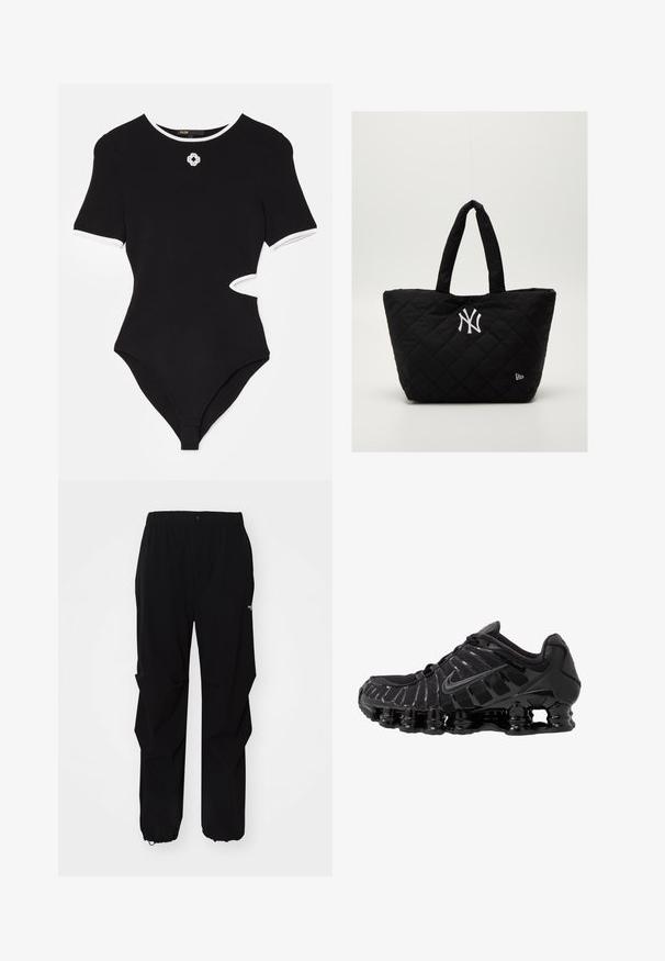 Černý body s krátkými rukávy, bílým lemováním a výřezem na straně. Obsahuje malou dekorativní emblemu na hrudi.; Černé venkovní kalhoty vyrobené z odolného materiálu, se uvolněným střihem, elastickým pasem a staženými manžetami pro nastavitelné délky.; Černá sportovní bota s síťovaným svrškem a lesklými detaily. Má zakřivené odpružení z pružin a texturované linie na straně. Viditelné logo Nike.; Prošívaná černá taška na rameno s dvojitými uchy, s bílým logem New York Yankees a malým emblémem značky na boku.