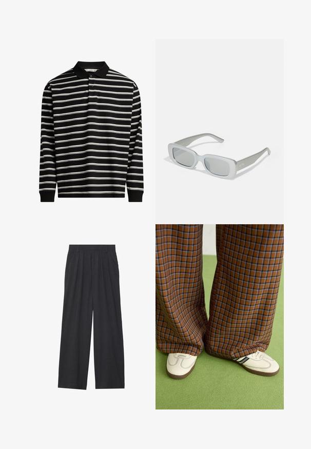 Polo shirt met lange mouwen, gemaakt van zwarte stof met witte horizontale strepen, voorzien van een kraag en een knoopsluiting met drie knopen.; Wijd-uitlopende broeken van donkergrijze stof. Kenmerken zijn plooien bij de taille, een tailor-made ontwerp en een rechte silhouet.; Bruine en blauwe geruite wijde broek, gecombineerd met witte schoenen met zwarte accenten en een gestructureerde zool, gezet tegen een groene achtergrond.; Grijze zonnebril met een rechthoekig montuur, matte afwerking en getinte glazen. Beschikt over slanke veren met subtiele branding aan de zijkant.