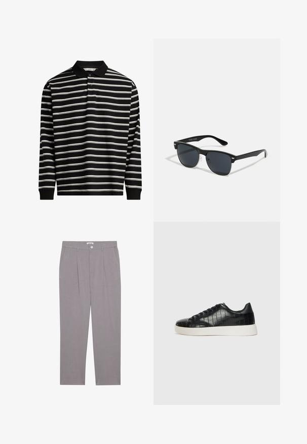 Long-sleeve polo shirt crafted from black fabric with white horizontal stripes, featuring a collar and three-button placket.; Grey tailored trousers with a straight cut, featuring two front pockets, pleats, and a button closure. Made from lightweight fabric.; Black sneakers featuring a textured croc-embossed leather upper, rounded toe, and a contrasting white rubber sole with a smooth finish.; Black sunglasses with a rectangular shape, dark lenses, silver accents at the temples, and a matte finish on the frame.