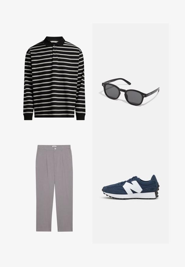 Polo a maniche lunghe realizzato in tessuto nero con righe orizzontali bianche, dotato di colletto e patta con tre bottoni.; Pantaloni grigi su misura con taglio dritto, dotati di due tasche frontali, pieghe e chiusura a bottone. Realizzati in tessuto leggero.; Scarpe da ginnastica blu navy con logo bianco, superiore in suede e mesh, dotate di collo imbottito, lacci piatti e suola in gomma nera testurizzata.; Occhiali da sole ovali neri con lenti scure, montatura spessa e accenti in argento sui lati. Materiale in plastica liscia, design contemporaneo.