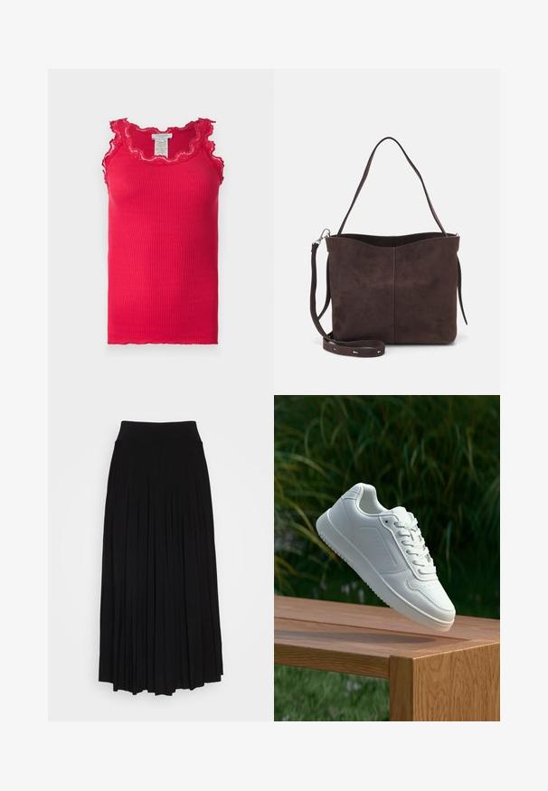 Rosemunde BABETTE U NECK - Felső - crimson; Fekete, redőzött szoknya magas, rugalmas derékrésszel. Puha anyagból készült, függőleges redőzéssel a légies sziluett érdekében.; Fehér sportcipő sima szintetikus felsőrésszel, perforált lábujjrész, lapos fűzőkkel és texturált talppal, fából készült felületen kihelyezve.; Barna velúrbőr táska puha tapintással, egyetlen vállpánttal és finoman ívelt felső nyitással. Nincs látható fémrész.