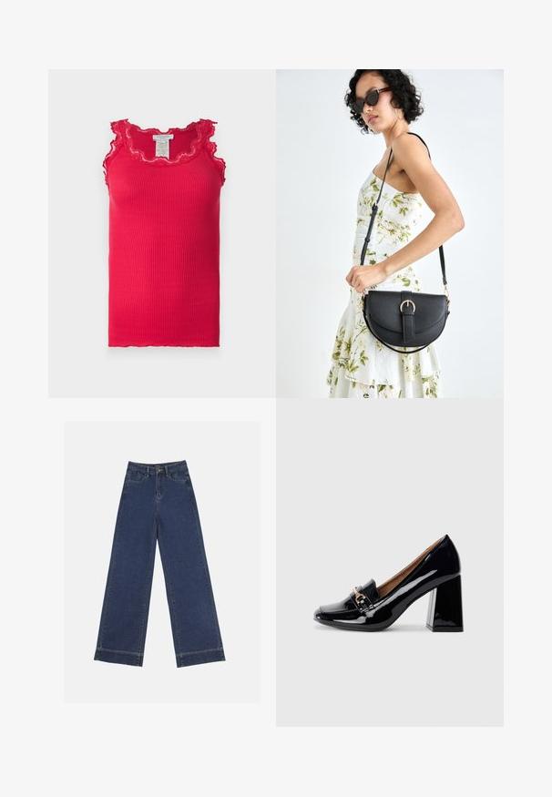 Rosemunde BABETTE U NECK - Top - crimson; Široke traperice u tamnoplavom denimu. Imaju pet džepova, petlje za pojas i siroki rub na dnu s vidljivim detaljima šavova.; Crna lakirana visoka potpetica s oštrim vrhom i blok potpeticom. Sadrži dekorativnu traku i detalj s kopčom na gornjem dijelu.; Crna kožna torba s lukovitim oblikom, odvojivim remenom i zlatnim detaljima. Torba ima preklop s kopčom.