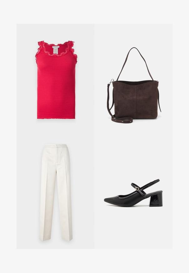 Rosemunde BABETTE U NECK - Top - crimson; Cremfarbene Hosen mit figurbetonter Passform, gerader Beine, glattem Stoff, vorderen Falten und sauberem Saum. Minimalistisches Design.; Schwarze Lackleder-Slingback-Absätze mit spitzer Zehenform, einem runden Ausschnitt-Design und einem Blockabsatz. Mit einem goldfarbenen Schnallenakzent.; Braune Wildleder-Tasche mit weicher Textur, ausgestattet mit einem einzelnen Schulterriemen und einer dezenten, gewölbten Öffnung an der Oberseite. Keine sichtbaren Beschläge.