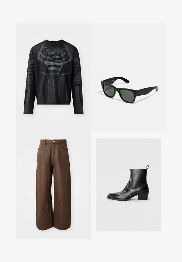 Melnā garenā piedurkne sporta krekls ar teksturētu grafisku druku tumši pelēkā krāsā, ar "MISHV" un "SPORT" zīmolu uz priekšpuses.; Plaši brūni ādas bikses ar piecām kabatām un pogu aizdari, izliktas uz vienkārša baltā fona.; Melnas ādas potītes zābaki ar kvadrātveida purngaliem, dekoratīvu dūrienu un zemu blokveida papēdi. Iekļauts vilkšanas cilpiņa vieglai uzvilkšanai.; Melni taisnstūra saulesbrilles ar zaļiem stikliem, matēta apdare, smalki aparatūras akcenti un iegravēts logo uz tempļa.