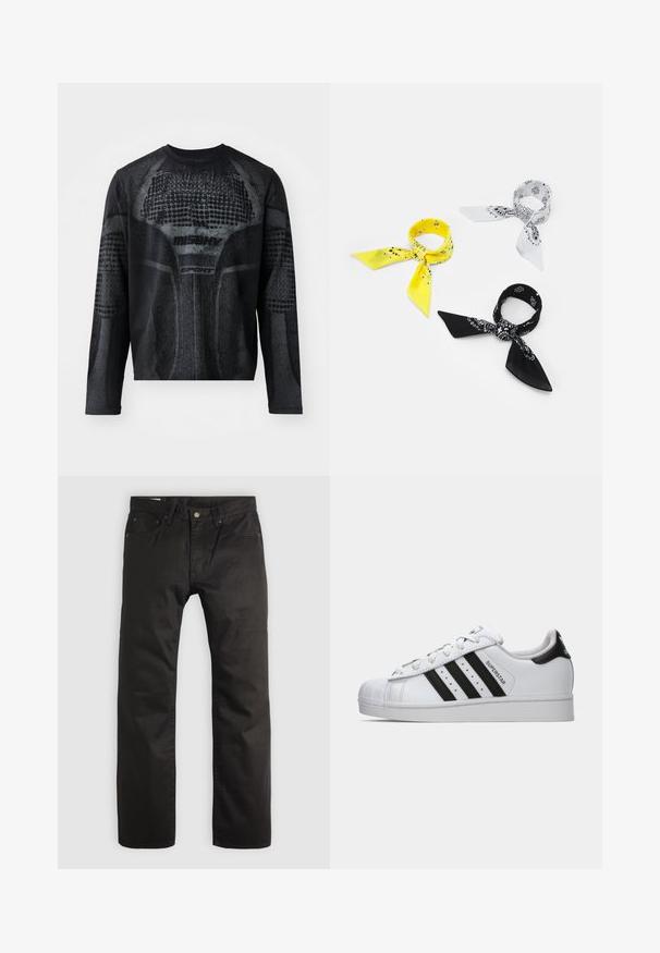 Czarny sportowy t-shirt z długim rękawem, z teksturowanym nadrukiem w ciemnoszarym kolorze, z logo "MISHV" i "SPORT" z przodu.; Czarne spodnie proste z przodem na guziki i suwak, szlufki na pasek oraz pięć kieszeni na jasnym tle.; Białe sneakersy Adidas Superstar z czarnymi paskami, noskiem w kształcie muszli i napisem "Superstar" z boku, pokazane w lewym profilu na białym tle.; Trzy bandany: jedna żółta z czarnymi wzorami, jedna biała z czarnymi grafikami, a jedna czarna z białymi grafikami. Wszystkie są kwadratowe, wykonane z lekkiego materiału.