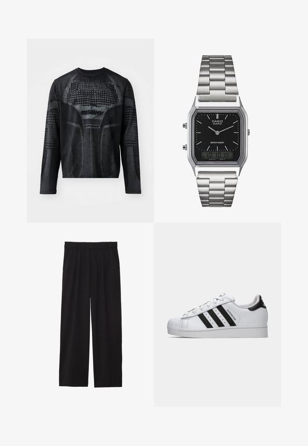 Čierna atletická tričko s dlhým rukávom, ktoré má textúrovanú grafiku v tmavo šedej farbe a na prednej strane je značka "MISHV" a "SPORT".; Čierne široké nohavice so skladaným predným dielom, bočnými vreckami a hladkým textilným povrchom. Navrhnuté na voľný strih.; Biele tenisky Adidas Superstar s čiernymi pruhmi, špičkou v tvare mušle a textom "Superstar" na boku, zobrazené z ľavého profilu na bielom pozadí.; Strieborné nerezové hodinky s kremíkovým strojčekom a čiernym obdĺžnikovým ciferníkom, vybavené analógovými ručičkami, digitálnym displejom a označením vodoodolnosti.
