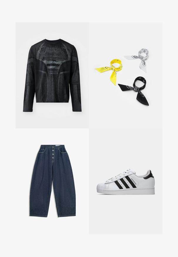 Čierna atletická tričko s dlhým rukávom, ktoré má textúrovanú grafiku v tmavo šedej farbe a na prednej strane je značka "MISHV" a "SPORT".; Tmavomodré denimové nohavice s širokými nohavicami a vysokým pásom, zapínanie na päť gombíkov a päť vreciek. Obsahuje prešívanie na švoch.; Biele tenisky Adidas Superstar s čiernymi pruhmi, špičkou v tvare mušle a textom "Superstar" na boku, zobrazené z ľavého profilu na bielom pozadí.; Tri zástery: jedna žltá s čiernymi vzormi, jedna biela s čiernymi dizajnmi a jedna čierna s bielou grafikou. Všetky sú štvorcové, z ľahkej látky.