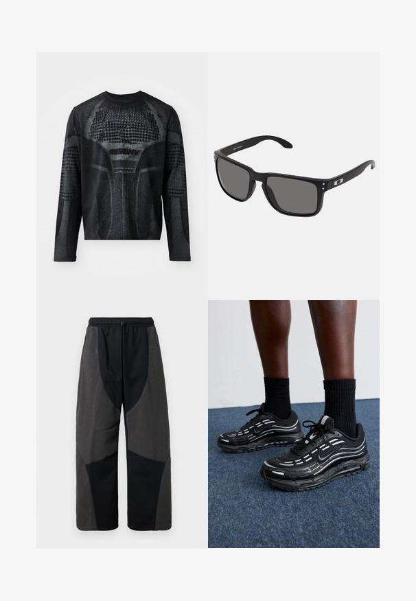 Črna športna majica dolgih rokavov z teksturiranim grafičnim tiskom v temno sivi barvi, z blagovno znamko "MISHV" in "SPORT" spredaj.; Črne hlače z mehkim flisom in sproščenim krojem, ki imajo kontrastne temno sivo obarvane tkaninske panele ter nastavljiv pas z vrvico.; Črne Nike čevlje imajo mrežasto zgornji del z naglasnimi črtami, teksturirane vezalke in črn gumijast podplat. Nosijo se s črnimi rebrastimi nogavicami.; Črne sončne očala z debelim plastičnim okvirjem, temnosivimi lečami in subtilnimi kovinskimi detajli na ušesih. Kvadratna oblika z gladko teksturo.