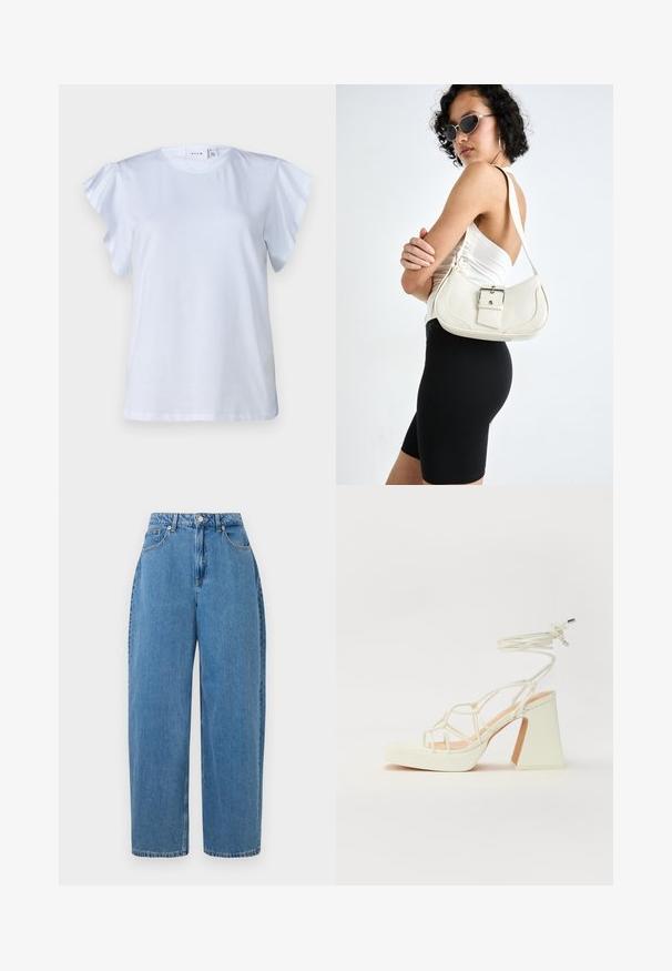 Camiseta blanca con mangas cortas con volantes, escote redondo y tejido de algodón suave. Diseño sencillo sin patrones ni acentos.; Pantalones de mezclilla de color azul claro con un ajuste de pierna recta, cintura alta y cierre frontal con botón. Cuenta con cinco bolsillos y detalles de costura mínimos.; Sandalia de tacón alto blanca con un tacón grueso, que presenta un diseño de tiras y un lazo en el tobillo. Textura suave con una plataforma en la parte delantera para mayor altura.; Bolso de piel blanco con forma curvada, correa ajustable y un pequeño detalle de hebilla. La modelo lleva un conjunto negro ajustado.