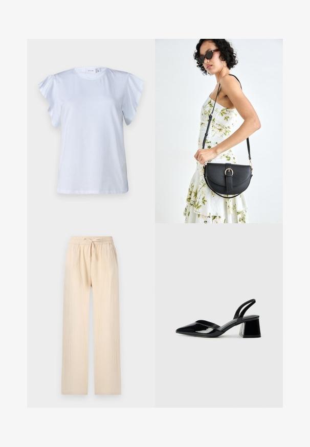 Hvid t-shirt med korte flæseærmer, rund halsudskæring og blødt bomuldsstof. Simpelt design uden mønstre eller accenter.; Lys beige vidde bukser lavet af blødt, letvægtsstof. Elasticumbånd med snøre. Struktureret overflade og løs pasform.; Sorte patentlæder slingback hæle med spids tå og en geometrisk blok hæl. Har et elegant, minimalistisk design og en glat tekstur.; Sort læderhåndtaske med en buet form, aftagelig rem og guldfinish. Tasken har en klap med en spænde detalje.