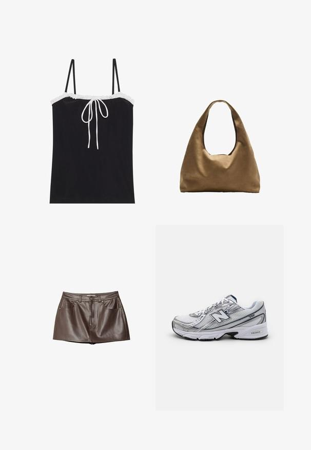 Top in camicia nera con spalline sottili regolabili, caratterizzato da un collo arricciato bianco e un dettaglio con fiocco centrale. Texture liscia, design semplice.; Mini gonna in pelle marrone con texture liscia, passanti per cintura, tasche anteriori e chiusura con bottone in vita.; Scarpa da ginnastica New Balance con tomaia in rete, prevalentemente bianca con accenti grigi e blu navy, caratterizzata da una soletta imbottita e dettagli testurizzati.; Borsa a spalla in tessuto marrone con un corpo ampio e arrotondato e una grande maniglia a taglio. Texture morbida, design minimalista e senza hardware visibile.