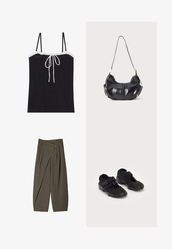 Sort camisole-top med justerbare tynde stropper, med en hvid flæse ved halsudskæringen og en detalje med midterbinding. Glat tekstur, enkelt design.; Bredde-bukser i mørke olivengrønne stoffer, med en plisseret frontdesign, en knaplukning og en poleret, struktureret overflade.; Sorte vandsko lavet af fleksibelt stof med en velcrorem, der har et unikt split-tå design og en tekstureret gummisål for bedre greb.; Sorte læder skuldertaske i halvmåneform med sølvlynlåse på begge sider og en enkelt rem.; Sølv Casio quartz ur med rektangulært ur, analog og digital visning, rustfrit stålarmbånd og vandafvisende egenskaber.