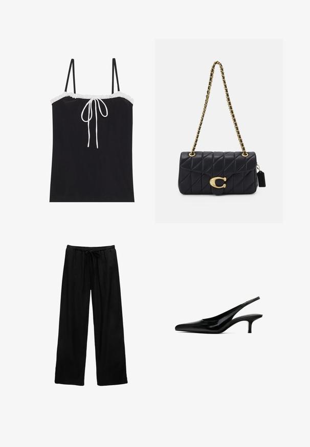 Black camisole top with adjustable thin straps, featuring a white ruffled neckline and a center tie detail. Smooth texture, simple design.; Black wide-leg pants made of lightweight fabric with an elastic waistband and drawstring detail. Simple design, no patterns or hardware.; Black pointed-toe slingback shoe with a glossy leather finish and a thin, low heel. Features a cutout on the side for breathability.; Black quilted handbag with a gold chain strap, featuring a distinctive gold clasp and a small tag, showcasing a textured leather surface.