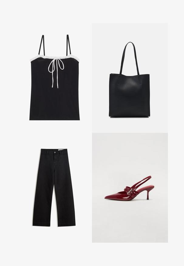 Sort camisole-top med justerbare tynde stropper, med en hvid flæse ved halsudskæringen og en detalje med midterbinding. Glat tekstur, enkelt design.; Sorte wide-leg denim bukser med høj talje, der har front- og baglommer, syede sømme og en knaplukning. Glat tekstur.; Røde patenteret læder slingback hæle med spids tå, to spændebånd og en slank, mellemhøj stiletto hæl. Glat tekstur.; Sort læder tote taske med glat tekstur, rektangulær form og to lange hanke. Ingen synlig hardware eller udsmykninger.