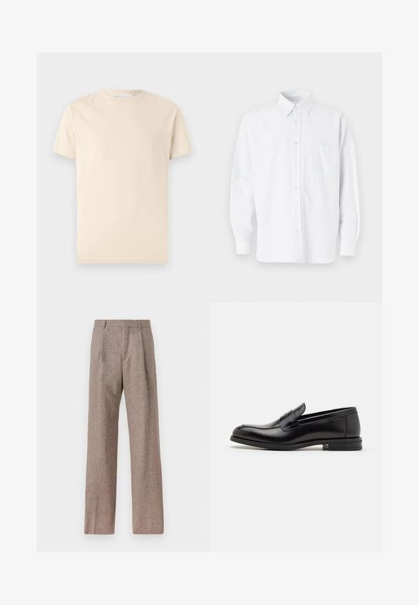 Beige pamut póló, kerek nyakkal és rövid ujjal. Simább textúrájú, minta és grafika nélkül. Egyszerű, klasszikus dizájn.; Fehér gombos ing, gallérral, finom függőleges csíkokkal, hosszú ujjal, mellzsebekkel és klasszikus kerekített aljjal.; Barna, magas derekú nadrág texturált anyagból. Széles szárai és két elülső redője biztosítja a struktúrát. Ízléses kivitel, látható fémszerelés nélkül.; Fekete bőr loaferek sima textúrával, kerek orral és dekoratív pánttal a vampnál. Alacsony, rétegelt sarkú, minimalista dizájn.