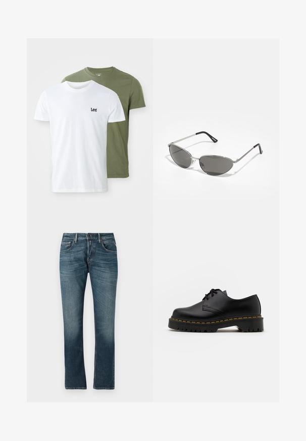 Två kortärmade t-shirts: en vit med en svart "Lee"-logga och en olivgrön. Båda är gjorda av mjuk bomull med en klassisk passform.; Blå denimjeans med rak passform, blekt tvätt, femficksdesign och kontrasterande sömmar. Knapp- och blixtlåsstängning.; Svart läder snörsko med rundad tå, texturerad gummisula och gul söm runt basen. Platt design och slät yta.; Solglasögon med en elegant, silver metallram, gråtonade linser och en aerodynamisk design med spetsiga kanter och tunna bågar.