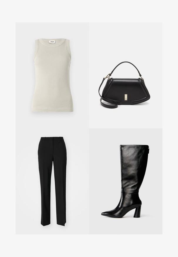 Light grey sleeveless tank top made from ribbed fabric, featuring a round neckline and a fitted design. No visible patterns or embellishments.; Black tailored trousers with a straight-leg design, featuring a smooth texture and crisp creases along the front. No visible hardware.; Knee-high black leather boot with a pointed toe, smooth texture, and a chunky heel. Features a zipper detail at the back.; Black leather handbag with a structured design, featuring a cropped shape, top handle, and gold hardware accent. Adjustable shoulder strap included.