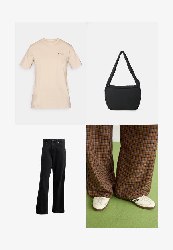 Beige short-sleeve t-shirt made of cotton, featuring a small black Columbia logo on the left chest. Standard crew neck design.; Black denim jeans with a straight-leg design, featuring front pockets, a button fly, and slight texture. Includes a subtle logo detail.; Brown and blue plaid wide-leg trousers paired with white shoes featuring black accents and textured soles, set against a green background.; Black shoulder bag with a padded texture, a rounded shape, and a wide strap, featuring an embossed logo on the front.