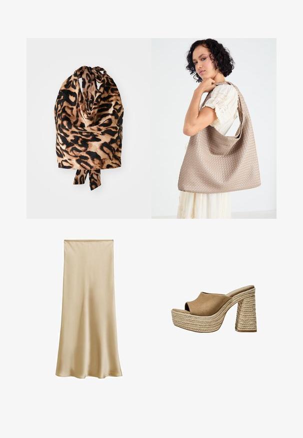 Šal z leopardjim vzorcem, ki ima lahkotno, svilnato teksturo v črnih in bež odtenkih; zavezan na vrhu z majhno pentljo.; Bežna satenasta midi krila z gladko teksturo in rahlim sijajem, ki ima prilegajoč pas in tekočo silhueto. Brez vidnih vzorcev ali okraskov.; Rjave zamšaste platforme mule z odprtim prstom, ki imajo masiven pleteni juten peto in gladko, zaobljeno zgornjo zasnovo.; Tkanina bež torba z naborjanjem in enim naramnim trakom. Ima teksturiran vzorec po celotni površini.