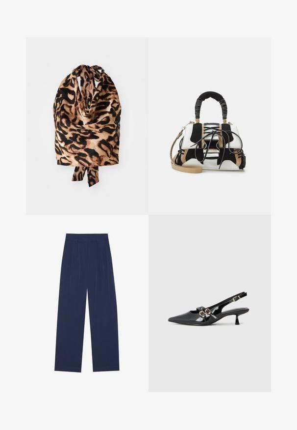 Leopard print scarf featuring a lightweight, silky texture with black and beige tones; tied at the top with a small bow detail.; Navy blue wide-leg pants made of soft fabric, featuring front pleats, a smooth texture, and a straight fit with no visible pockets.; Black patent leather slingback heels with a pointed toe, dual straps featuring gold buckles, and a short kitten heel. Smooth texture.; Multicolored handbag with black, white, and beige mesh. Features a textured handle, lace-up design, and detachable shoulder strap.
