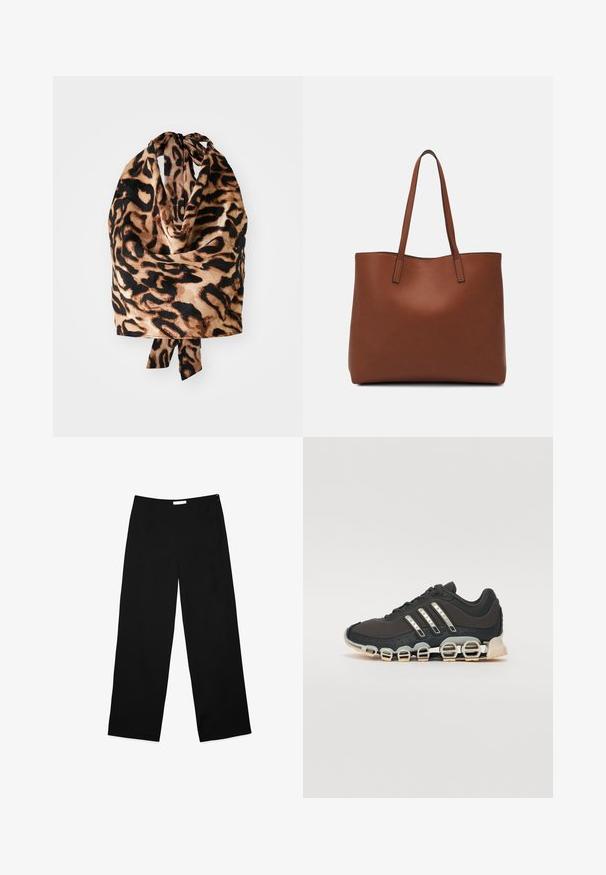 Leoparda raksta šalle ar vieglu, zīda tekstūru melnā un bēšā krāsā; sasieta augšpusē ar mazu mezglu.; Platas kājas bikses melnā audumā, ar gludu tekstūru, tīru dizainu un diskrētu sānu rāvējslēdzēju aizdarei.; Melna sporta apavi ar teksturētu augšdaļu, trim sudraba svītrām un atšķirīgu amortizācijas zoli, kas sastāv no vairākiem integrētiem sekvencēm.; Brūna ādas iepirkumu soma ar gludu tekstūru, atvērta augšdaļa un divas plecu siksnas. Izceļas ar minimālām šuvēm un redzamu aparatūru nav.