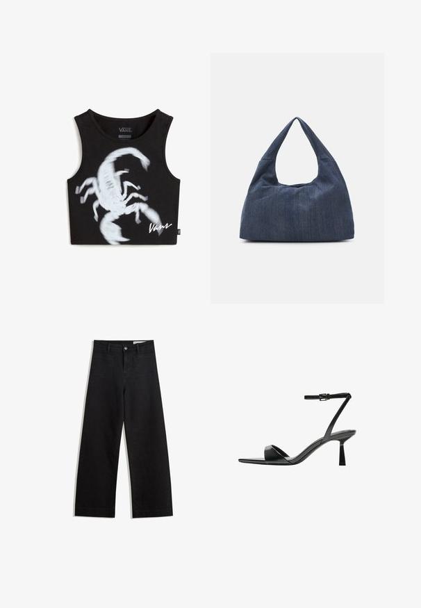 Czarny krótki top z bawełny, z białym nadrukiem skorpiona i logo "Vans" w dolnym rogu. Okrągły dekolt, bez rękawów.; Czarne dżinsowe spodnie o szerokich nogawkach i wysokim stanie, z przednimi i tylnymi kieszeniami, przeszyciami oraz zapięciem na guziki. Gładka struktura.; Bershka - Sandały na obcasie; Ciemnoniebieska torba dżinsowa o miękkim, luźnym kształcie, z uchwytem w stylu hobo i teksturowaną powierzchnią. Brak widocznych akcentów z metalu.