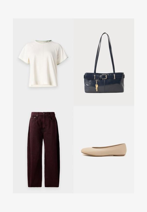 CLOSED - T-shirt basic; Bordowe dżinsy typu wide-leg z bawełnianego denimu, z wysokim stanem, przednimi kieszeniami i widocznym szwem. Klasyczny projekt pięciu kieszeni.; Beżowe skórzane baleriny z zaokrąglonym noskiem, minimalnymi szwami, niskim obcasem oraz subtelnym logo z tyłu. Gładka, matowa tekstura.; Granatowa skórzana torebka z dwoma długimi uchwytami, detalem w postaci klamry oraz dołączonym breloczkiem. Charakteryzuje się gładką teksturą i prostokątnym kształtem.