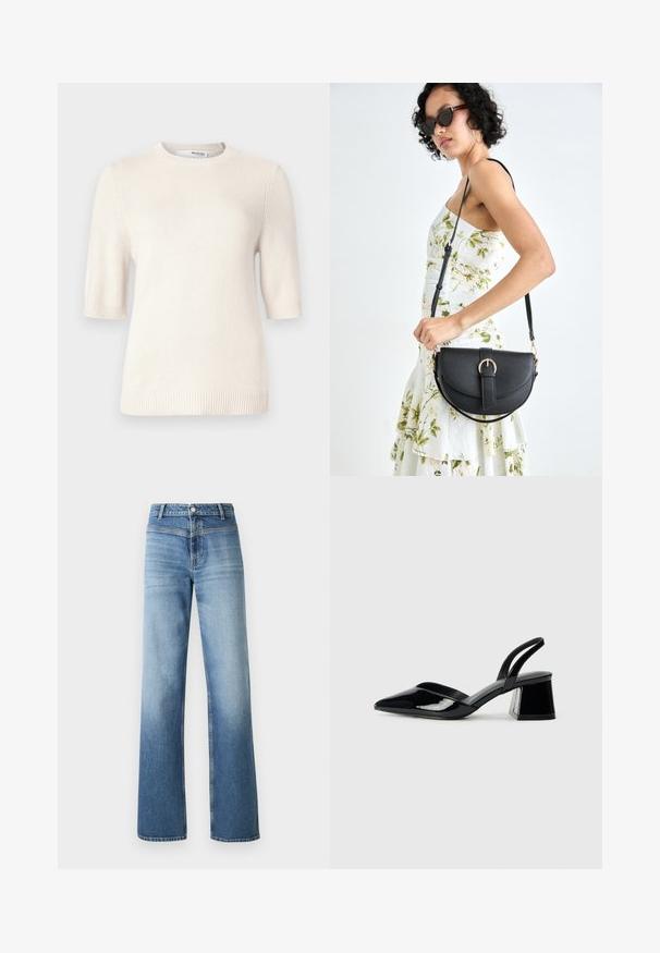 Kortermet genser med rund hals i off-white, med en glatt strikket tekstur og ribbede mansjetter og nederkant. Enkel, lett design.; Lyseblå denim jeans med høy midje, rett ben-design, falmet vask og klassisk fem-lommet stil. Avsluttet med knappelukking.; Svarte patentlær slingback hæler med spiss tå og geometrisk blokk hæl. Har et stilrent, minimalistisk design og jevn tekstur.; Svart lærveske med en buet form, avtagbar stropp og gullbeslag. Vesken har et klaff med spenne-detall.