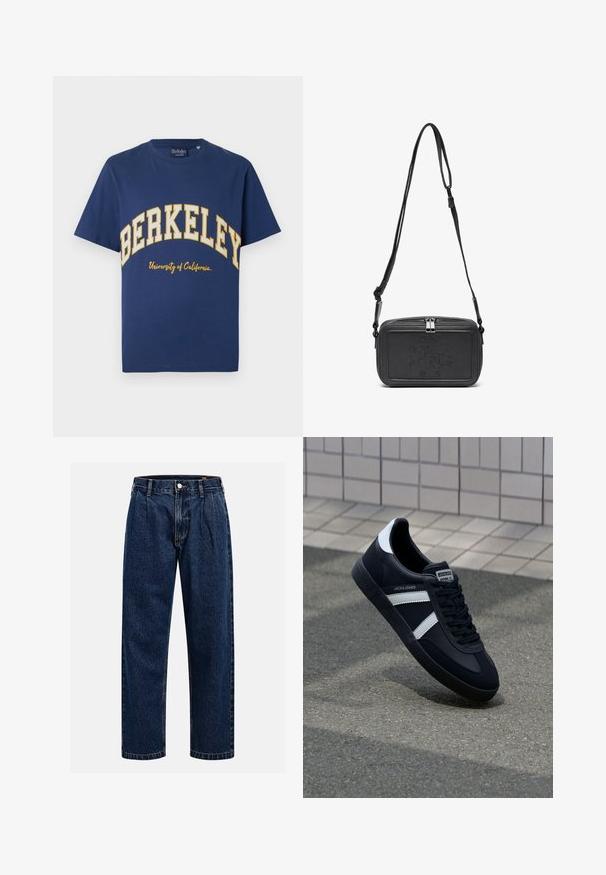 Mornarsko modra bombažna majica z napisom "BERKELEY" v pogosti rumeni pisavi in "Univerza v Kaliforniji" v manjšem pisanju spodaj.; Temno modri kavbojki iz denima s pravim krojem. Imajo vidno šivanje, zapenjanje na gumb in sprednje plitke za dodaten detajl.; Črne usnjene superge z belimi črtami, teksturiran gumijast podplat in zavezovanje spredaj. Imajo označeno oznako na ježku.; Črna usnjena torbica čez ramo z zadrgo, embosirano logotipom spredaj in nastavljivim pasom. Gladka površina z pravokotno obliko.