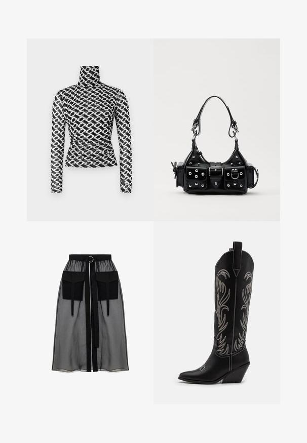 Top de manga larga con cuello alto en tejido negro translúcido con un patrón repetitivo de cadenas blancas. Diseño ajustado con detalles sutiles de fruncido en la cintura.; Falda negra transparente con una cinturilla fruncida, que presenta dos grandes bolsillos frontales, un lazo en la cintura y un acento metálico circular.; Botas de cowboy de cuero negro con puntas afiladas, tacones cuña y patrones florales bordados en plata a lo largo del caña. Costuras en contraste por toda la bota.; Bolso de mano de cuero negro con un diseño curvado, que cuenta con tachuelas plateadas, una hebilla y dos bolsillos laterales. Correa ajustable para opciones de transporte.