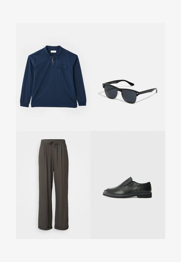 Tumesinine pikkade käistega polo särk, mis on valmistatud puuvillast. Omab kolme nupuga kaelust, rinna-taskut ja külge lõhet allääres. Sujuv tekstuur.; Tumedat hallid laiad püksid nööriga vööl, valmistatud pehmest, tekstuuriga kangast, millel on pahkluu juures keeratud kraed.; Must musta laia suuga king, millel on sile ülemine osa, õmmeldud detailid, ümmargune nina ja madal kummist konts. Tallal on minimaalne mustr.; Mustad mustmikrooni kujuga mustad prillid, tumedate klaasidega, hõbedased detailid templite juures ja mati viimistlusega raam.