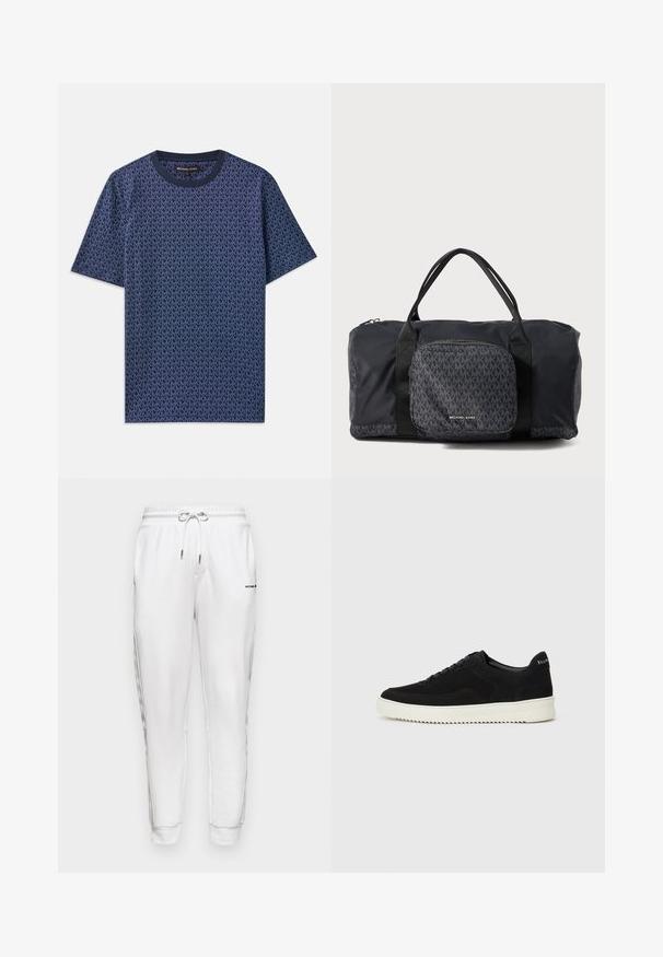 T-shirt de algodão azul marinho com um padrão geométrico do logótipo MK. Apresenta um decote redondo e mangas curtas, com um tecido texturizado por todo o lado.; Michael Kors LOGO TAPE PANT - Calças de fato de treino - white; Sapatilhas de camurça pretas com design de atacadores e sola de borracha branca em contraste. Apresenta painéis laterais texturizados e uma marcação discreta no calcanhar.; Saco de duffle preto da Michael Kors com alças duplas, bolso frontal com fecho e padrão de logótipos MK repetidos, apresentando a marca Michael Kors.