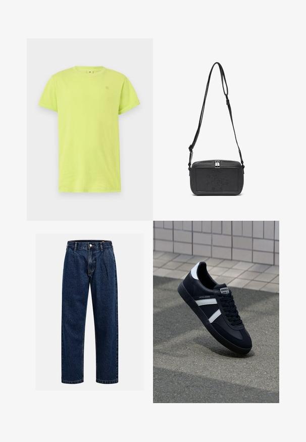 Neon yellow cotton t-shirt with short sleeves, round neckline, and a small logo printed on the upper left chest area. Smooth texture.; Dark blue denim jeans with a straight-leg design. Features visible stitching, a button closure, and front pleats for added detail.; Black leather sneaker with white stripes, textured rubber sole, and lace-up front. Features a branded label on the tongue.; Black leather crossbody bag with a zip closure, embossed logo on the front, and adjustable strap. Smooth texture with a rectangular shape.